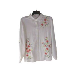 Draper's &Damon's Women's Size XL White Embroidered Button Up Long Sleeve Top